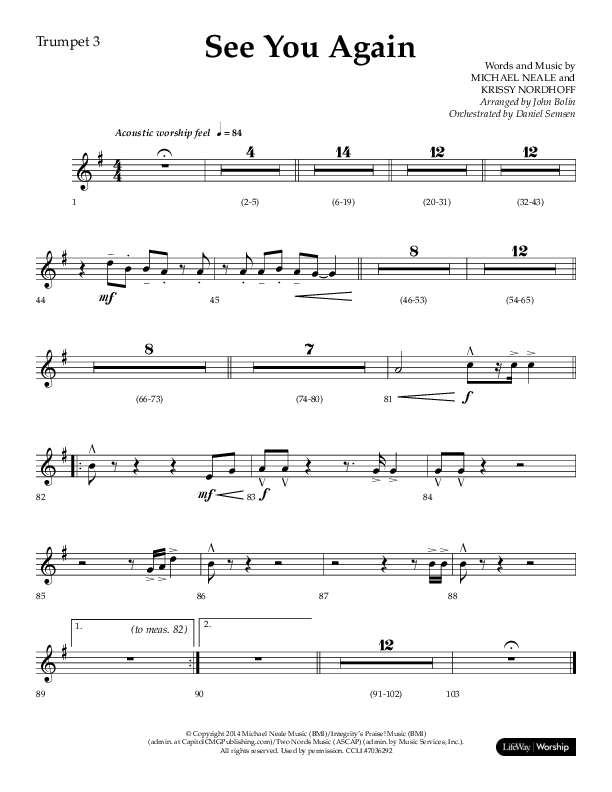 See You Again (Choral Anthem SATB) Trumpet 3 (Lifeway Choral / Arr. John Bolin / Orch. Daniel Semsen)