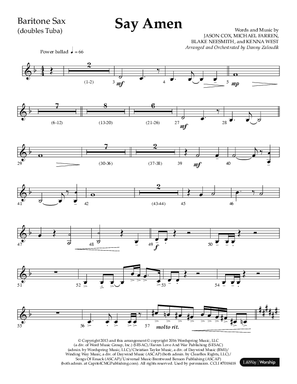 Say Amen (Choral Anthem SATB) Bari Sax (Lifeway Choral / Arr. Danny Zaloudik)