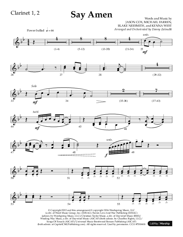 Say Amen (Choral Anthem SATB) Clarinet 1/2 (Lifeway Choral / Arr. Danny Zaloudik)