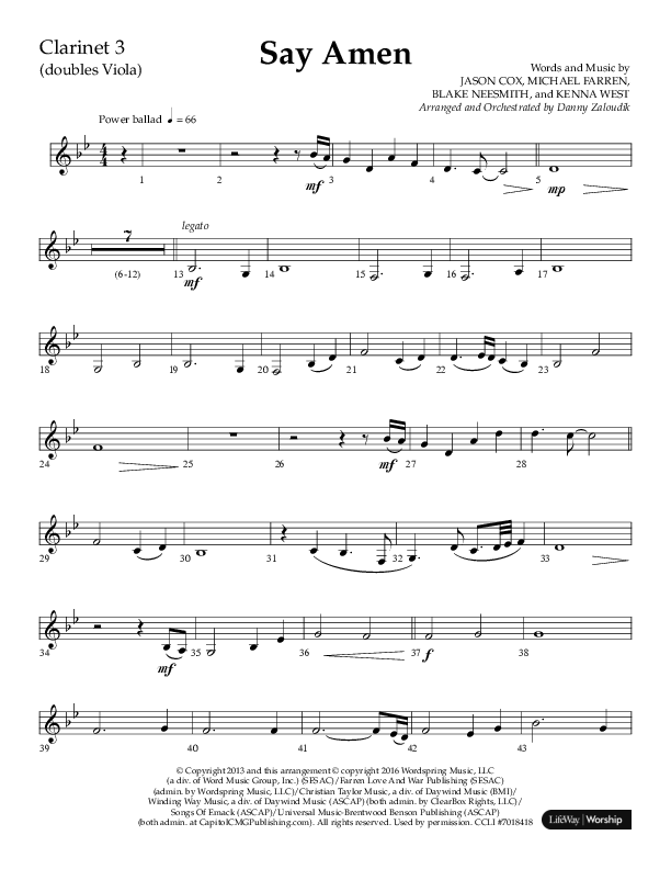 Say Amen (Choral Anthem SATB) Clarinet 3 (Lifeway Choral / Arr. Danny Zaloudik)