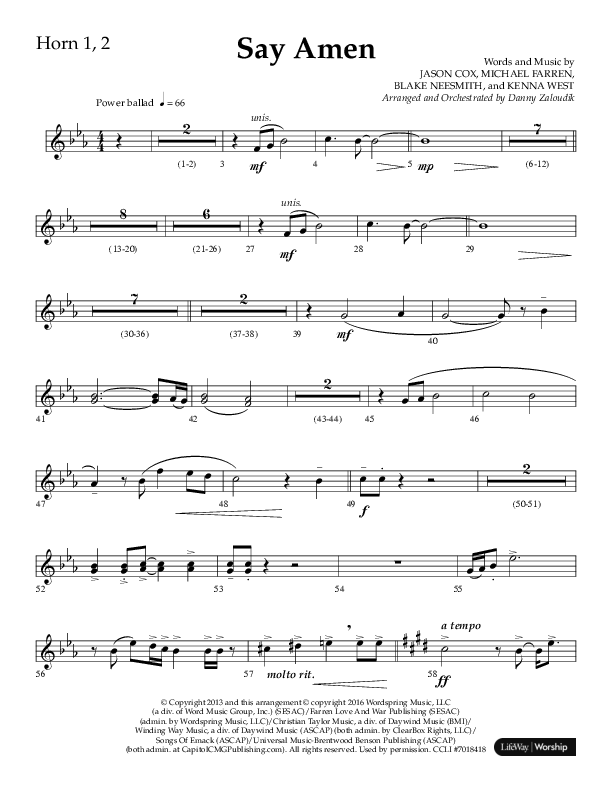 Say Amen (Choral Anthem SATB) French Horn 1/2 (Lifeway Choral / Arr. Danny Zaloudik)