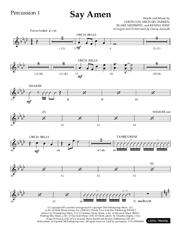 Say Amen (Choral Anthem SATB) Percussion 1/2 (Lifeway Choral / Arr. Danny Zaloudik)