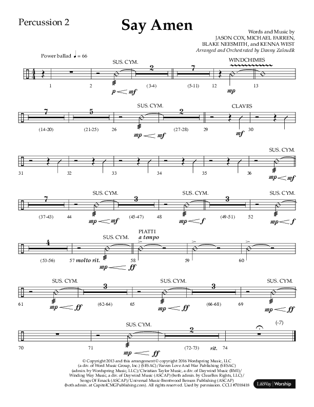 Say Amen (Choral Anthem SATB) Percussion 1/2 (Lifeway Choral / Arr. Danny Zaloudik)