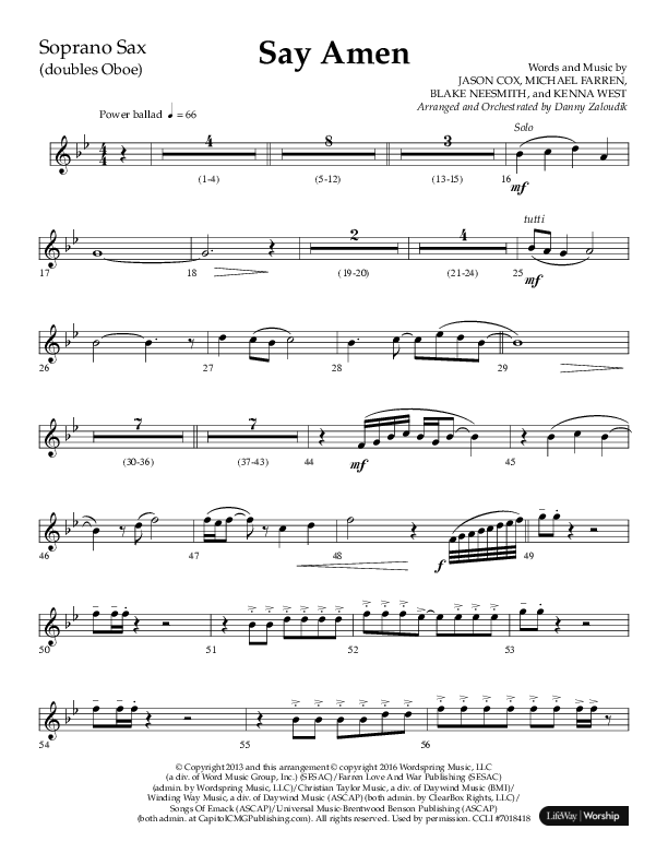 Say Amen (Choral Anthem SATB) Soprano Sax (Lifeway Choral / Arr. Danny Zaloudik)