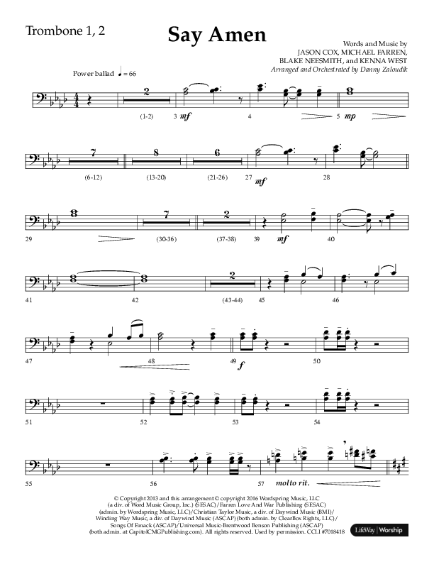 Say Amen (Choral Anthem SATB) Trombone 1/2 (Lifeway Choral / Arr. Danny Zaloudik)