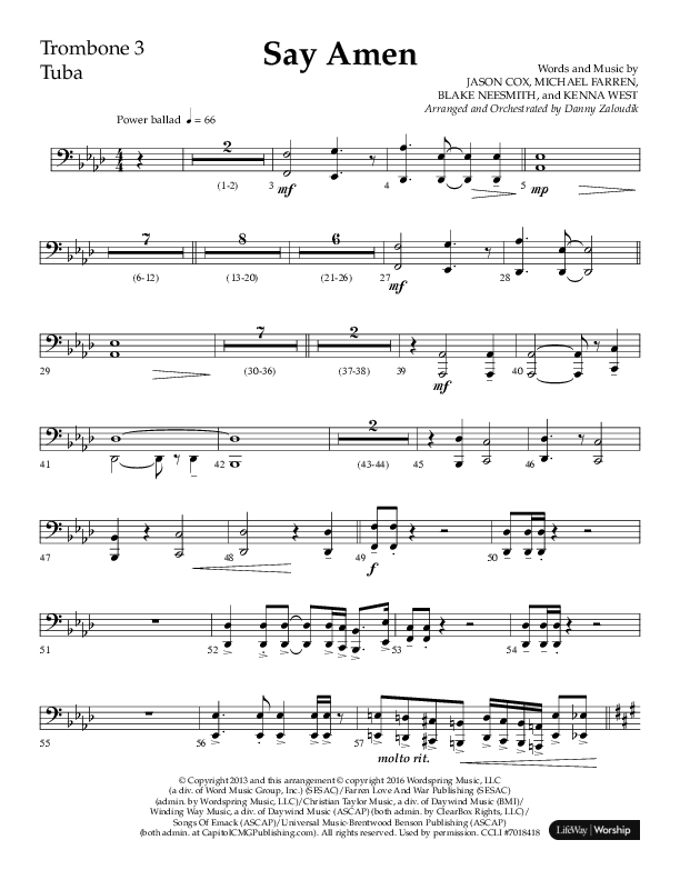 Say Amen (Choral Anthem SATB) Trombone 3 (Lifeway Choral / Arr. Danny Zaloudik)
