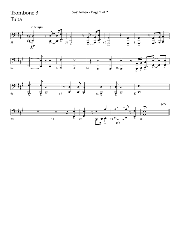 Say Amen (Choral Anthem SATB) Trombone 3 (Lifeway Choral / Arr. Danny Zaloudik)