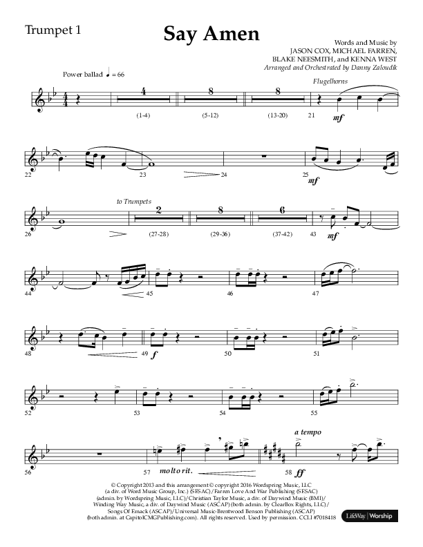 Say Amen (Choral Anthem SATB) Trumpet 1 (Lifeway Choral / Arr. Danny Zaloudik)