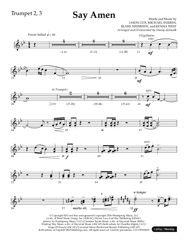 Say Amen (Choral Anthem SATB) Trumpet 2/3 (Lifeway Choral / Arr. Danny Zaloudik)
