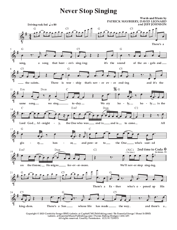 Never Stop Singing Lead Sheet Melody (Patrick Mayberry / David Leonard)