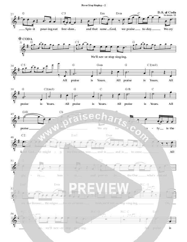 Never Stop Singing Lead Sheet Melody (Patrick Mayberry / David Leonard)