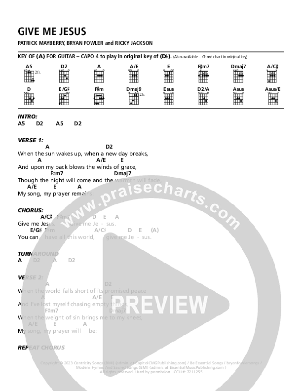 Give Me Jesus Chord Chart (Patrick Mayberry)