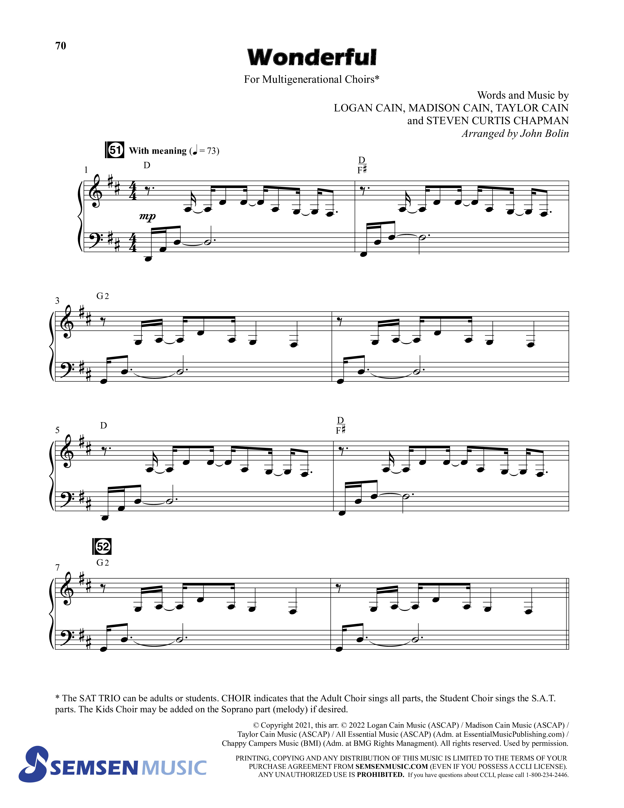 Wonderful (8 Song Choral Collection) Song 6 (Piano SATB) (Semsen Music / Arr. John Bolin / Orch. Cliff Duren)