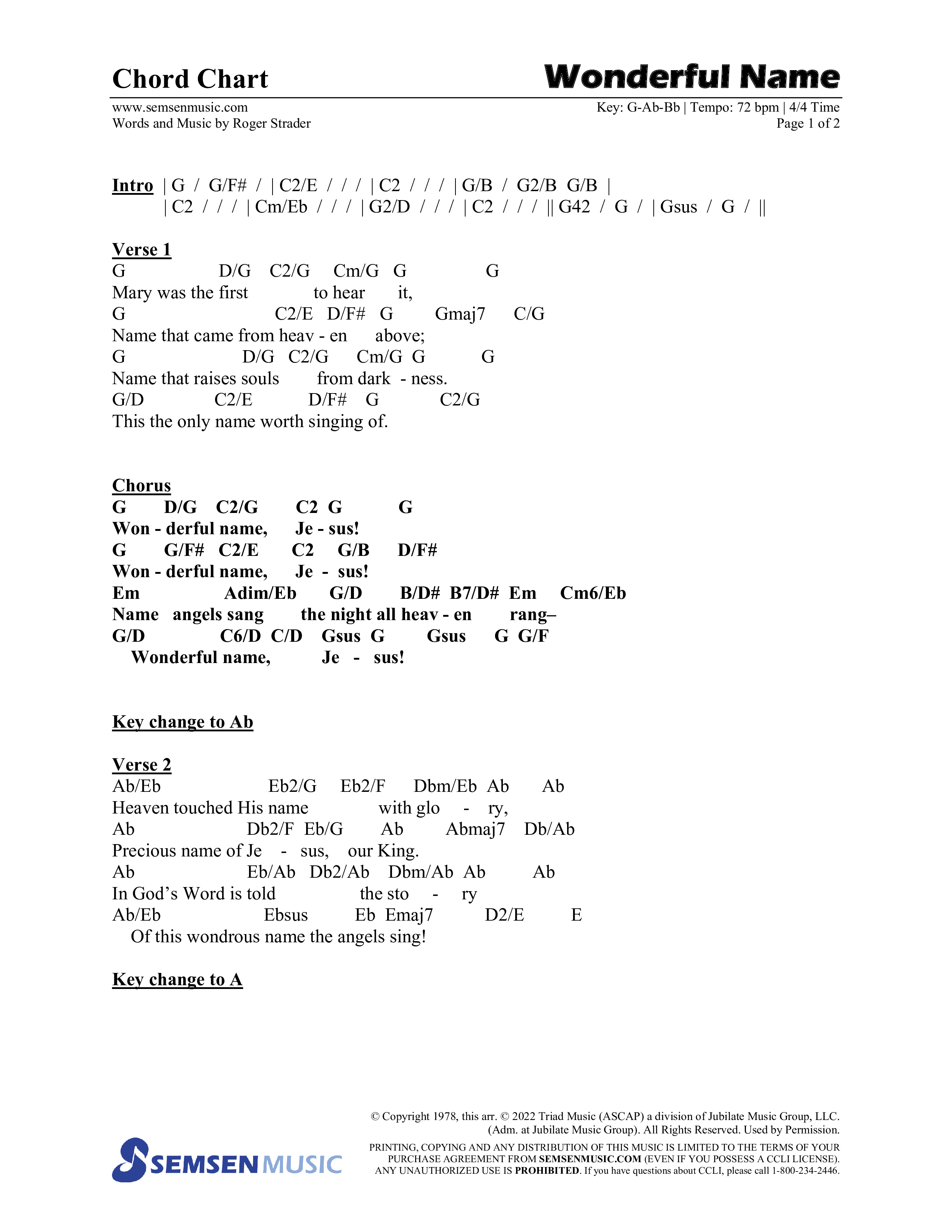 Wonderful (8 Song Choral Collection) Song 8 (Lead & Chords) (Semsen Music / Arr. John Bolin / Orch. Cliff Duren)
