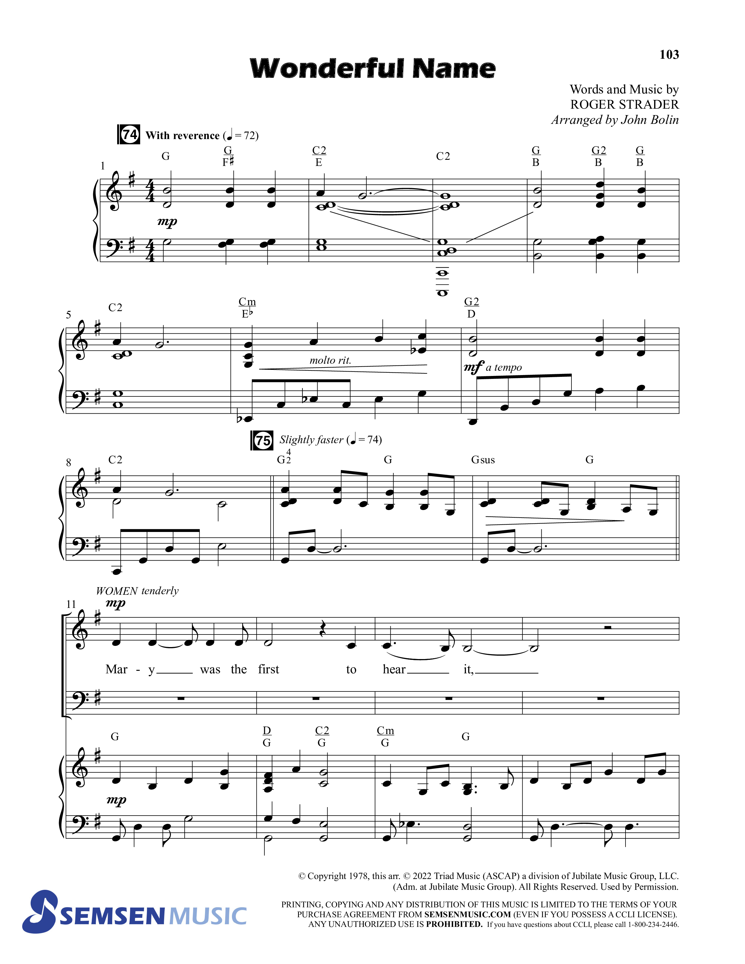 Wonderful (8 Song Choral Collection) Song 8 (Piano SATB) (Semsen Music / Arr. John Bolin / Orch. Cliff Duren)