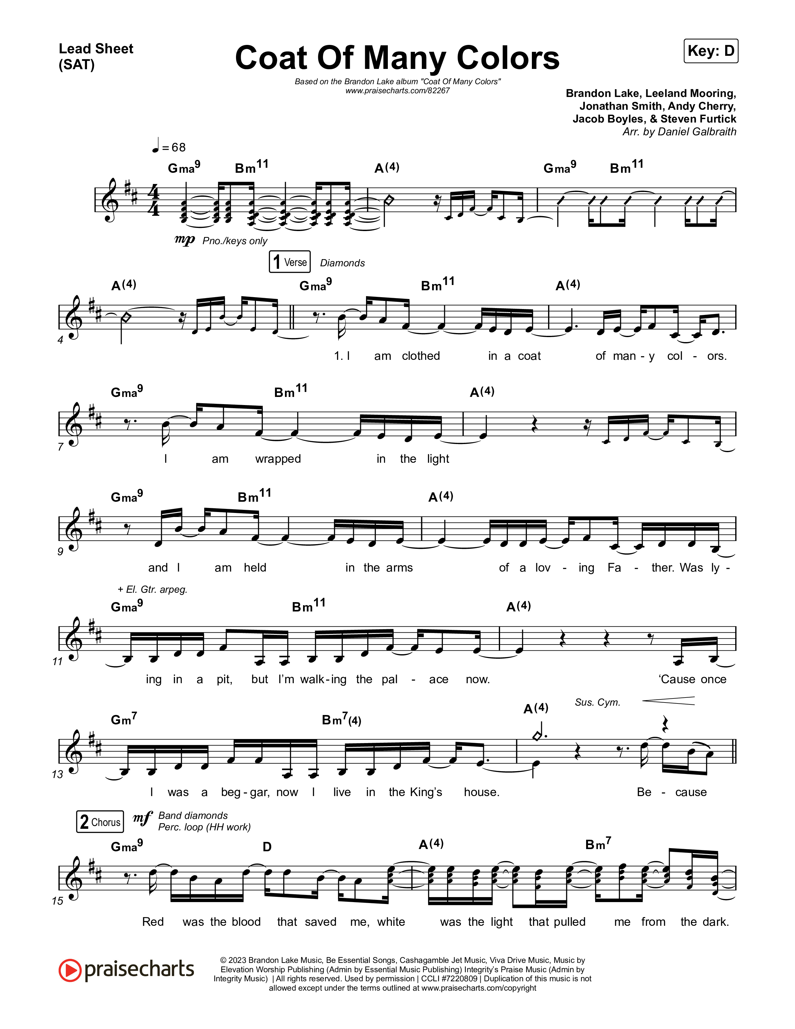 Coat Of Many Colors Lead Sheet (SAT) (Brandon Lake)