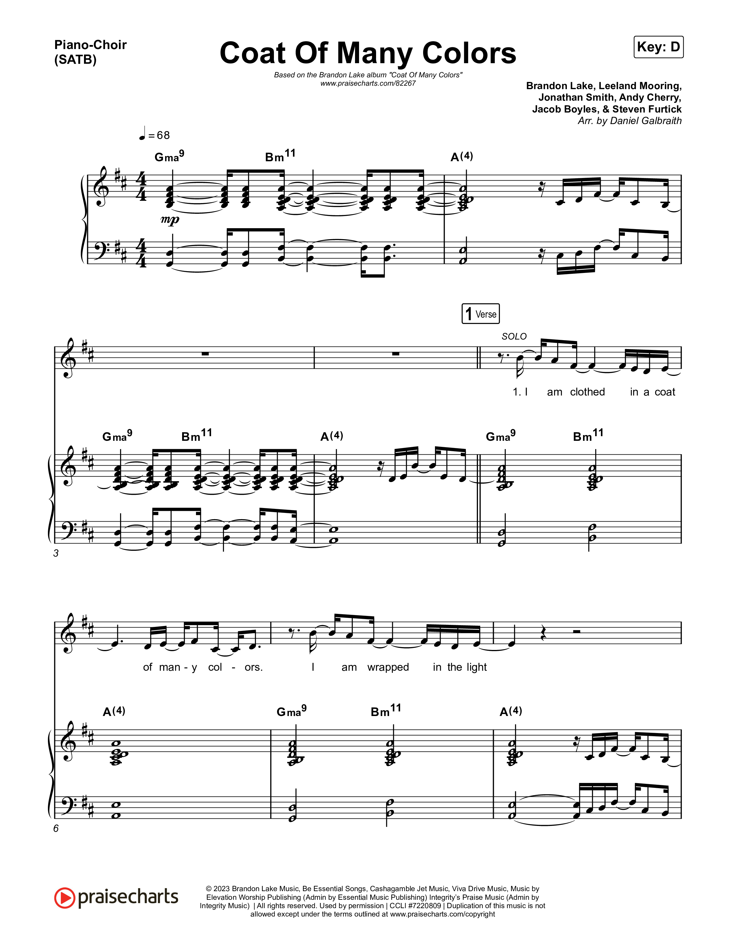 Coat Of Many Colors Piano/Vocal (SATB) (Brandon Lake)