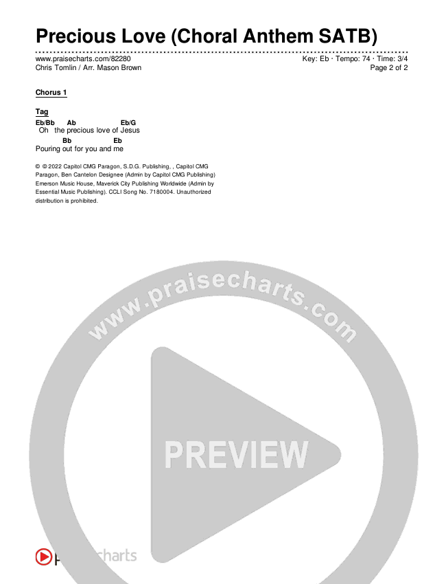 Precious Love (Choral Anthem SATB) Chords & Lyrics (Chris Tomlin / Arr. Mason Brown)
