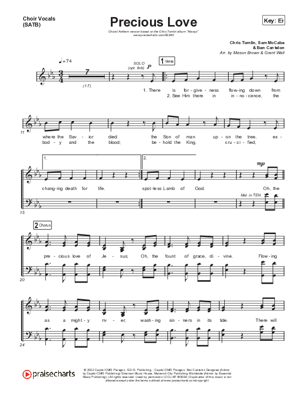 Precious Love (Choral Anthem SATB) Choir Sheet (SATB) (Chris Tomlin / Arr. Mason Brown)