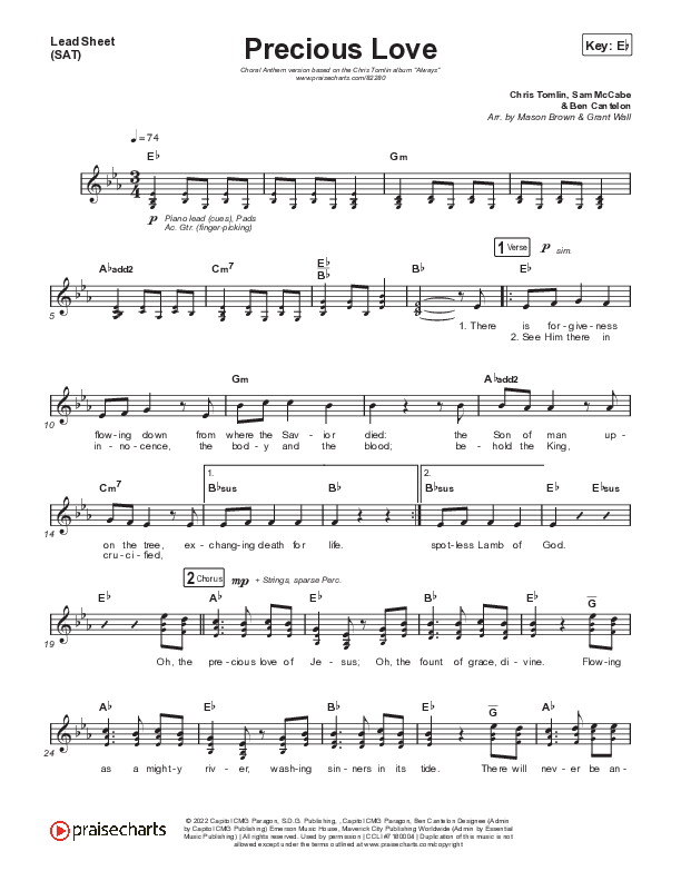 Precious Love (Choral Anthem SATB) Lead Sheet (SAT) (Chris Tomlin / Arr. Mason Brown)