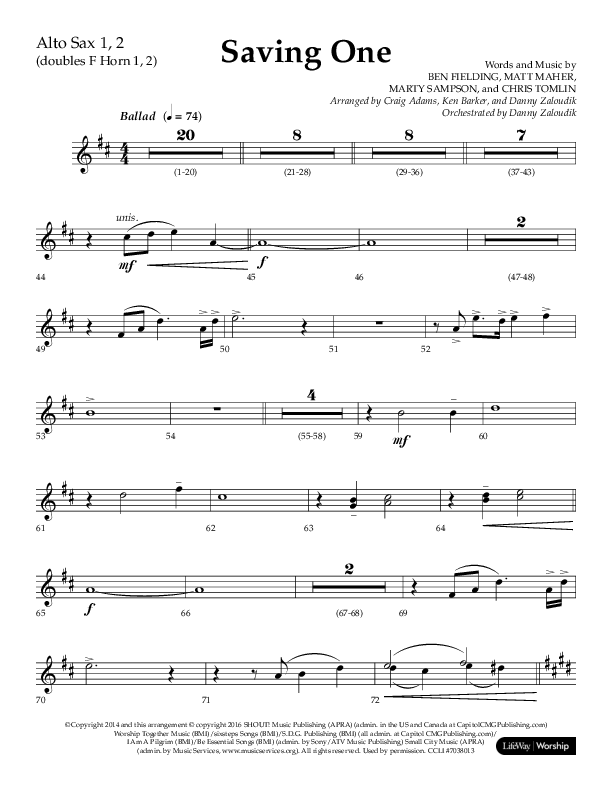 Saving One (Choral Anthem SATB) Alto Sax 1/2 (Lifeway Choral / Arr. Craig Adams / Arr. Ken Barker / Arr. Danny Zaloudik / Orch. Danny Zaloudik)