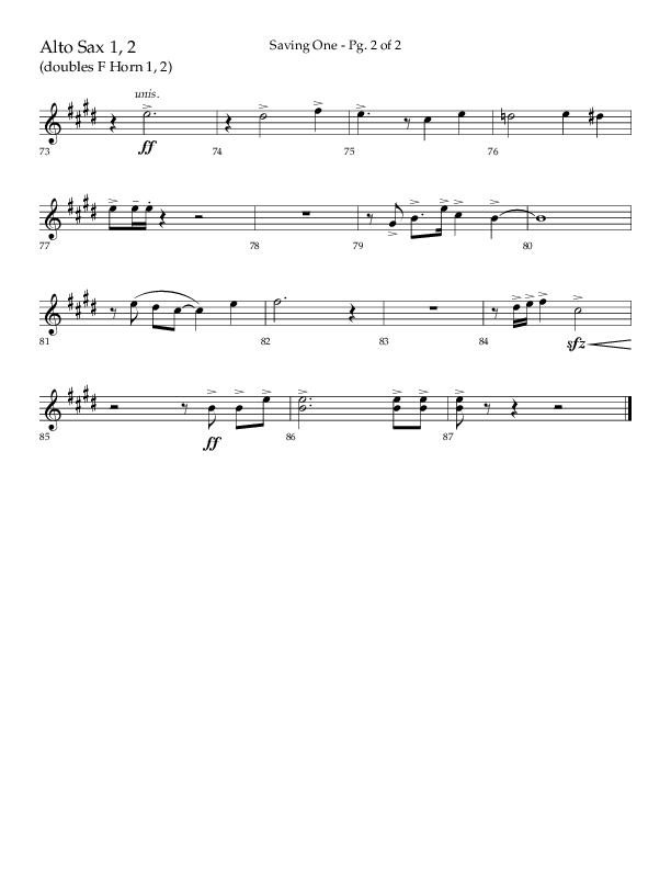 Saving One (Choral Anthem SATB) Alto Sax 1/2 (Lifeway Choral / Arr. Craig Adams / Arr. Ken Barker / Arr. Danny Zaloudik / Orch. Danny Zaloudik)