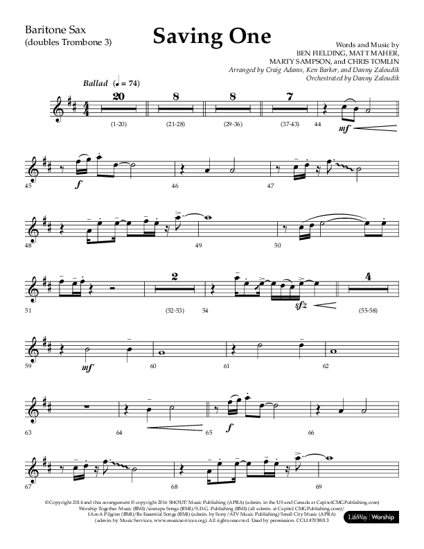 Saving One (Choral Anthem SATB) Bari Sax (Lifeway Choral / Arr. Craig Adams / Arr. Ken Barker / Arr. Danny Zaloudik / Orch. Danny Zaloudik)