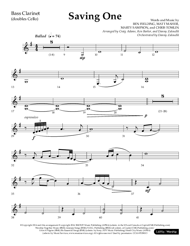 Saving One (Choral Anthem SATB) Bass Clarinet (Lifeway Choral / Arr. Craig Adams / Arr. Ken Barker / Arr. Danny Zaloudik / Orch. Danny Zaloudik)