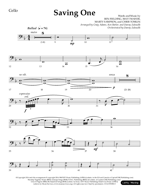 Saving One (Choral Anthem SATB) Cello (Lifeway Choral / Arr. Craig Adams / Arr. Ken Barker / Arr. Danny Zaloudik / Orch. Danny Zaloudik)