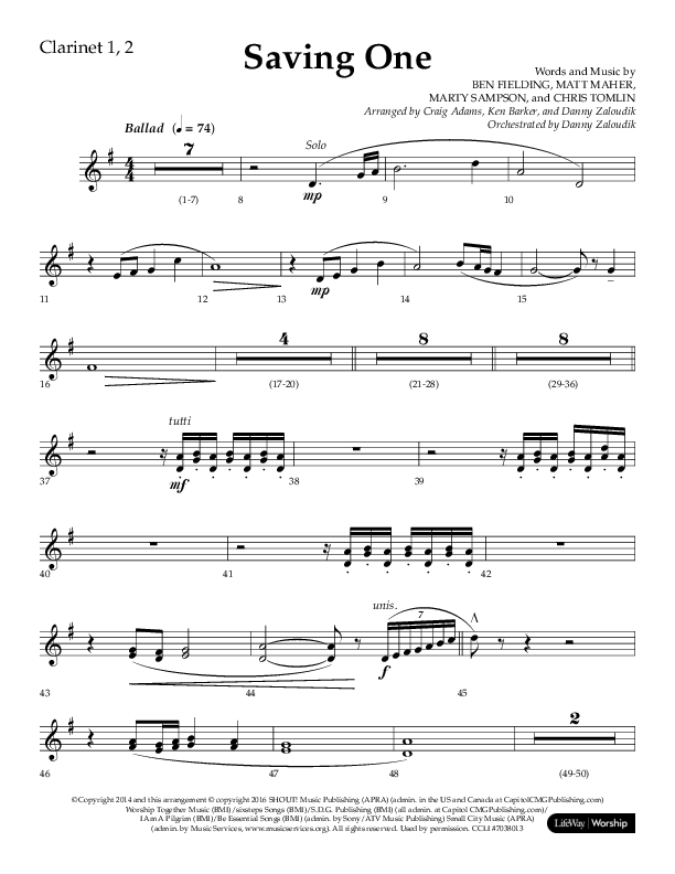 Saving One (Choral Anthem SATB) Clarinet 1/2 (Lifeway Choral / Arr. Craig Adams / Arr. Ken Barker / Arr. Danny Zaloudik / Orch. Danny Zaloudik)