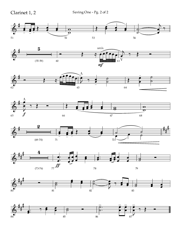 Saving One (Choral Anthem SATB) Clarinet 1/2 (Lifeway Choral / Arr. Craig Adams / Arr. Ken Barker / Arr. Danny Zaloudik / Orch. Danny Zaloudik)