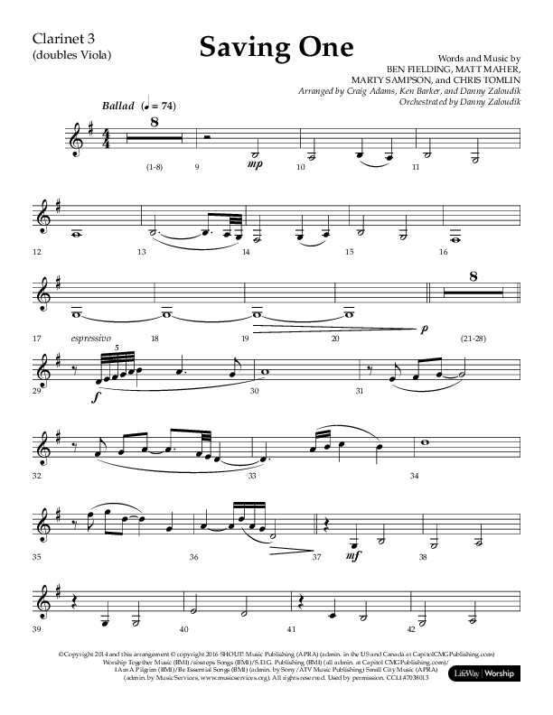 Saving One (Choral Anthem SATB) Clarinet 3 (Lifeway Choral / Arr. Craig Adams / Arr. Ken Barker / Arr. Danny Zaloudik / Orch. Danny Zaloudik)