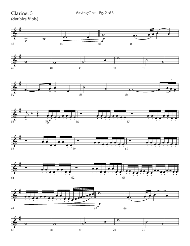 Saving One (Choral Anthem SATB) Clarinet 3 (Lifeway Choral / Arr. Craig Adams / Arr. Ken Barker / Arr. Danny Zaloudik / Orch. Danny Zaloudik)