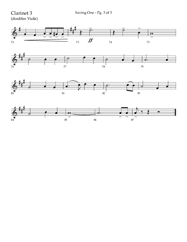 Saving One (Choral Anthem SATB) Clarinet 3 (Lifeway Choral / Arr. Craig Adams / Arr. Ken Barker / Arr. Danny Zaloudik / Orch. Danny Zaloudik)