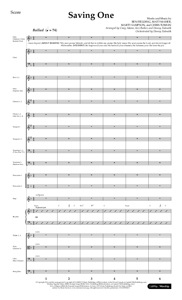Saving One (Choral Anthem SATB) Orchestration (Lifeway Choral / Arr. Craig Adams / Arr. Ken Barker / Arr. Danny Zaloudik / Orch. Danny Zaloudik)