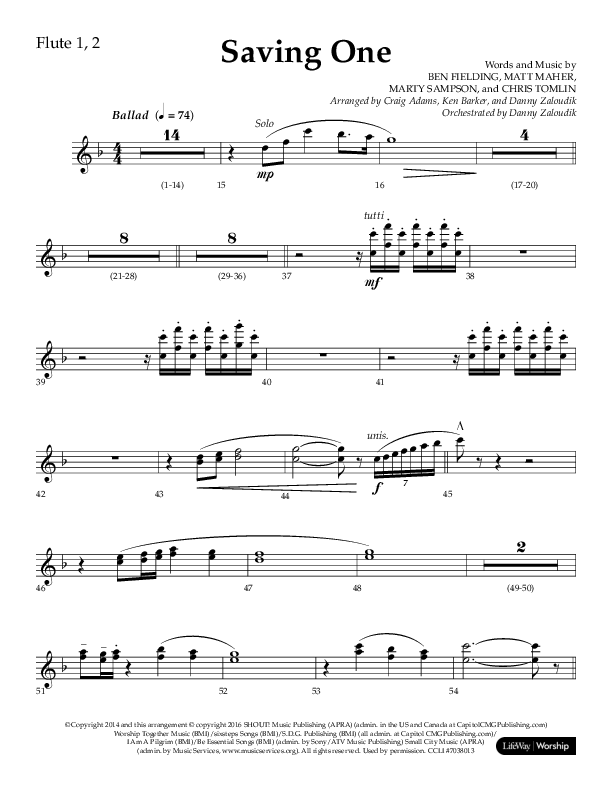 Saving One (Choral Anthem SATB) Flute 1/2 (Lifeway Choral / Arr. Craig Adams / Arr. Ken Barker / Arr. Danny Zaloudik / Orch. Danny Zaloudik)