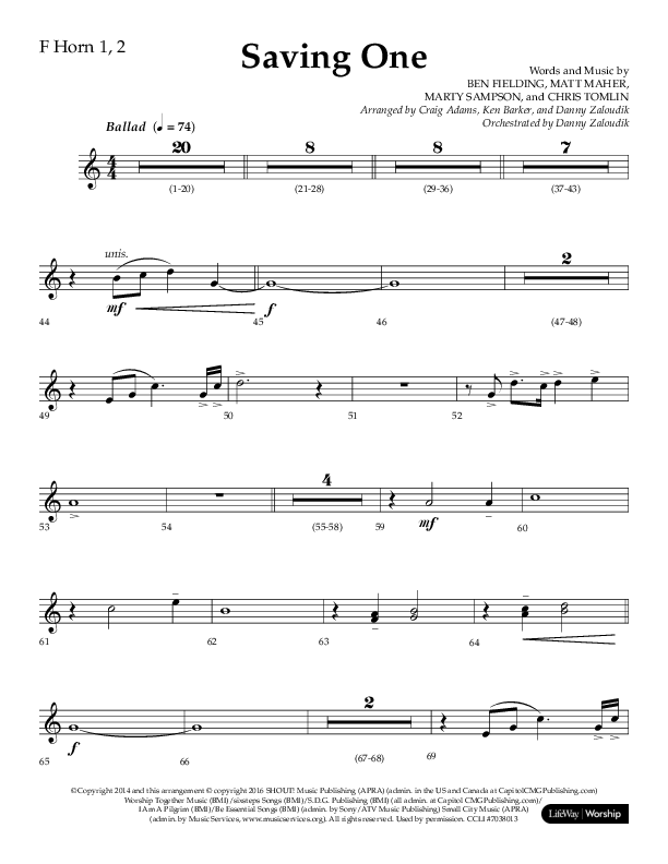 Saving One (Choral Anthem SATB) French Horn 1/2 (Lifeway Choral / Arr. Craig Adams / Arr. Ken Barker / Arr. Danny Zaloudik / Orch. Danny Zaloudik)