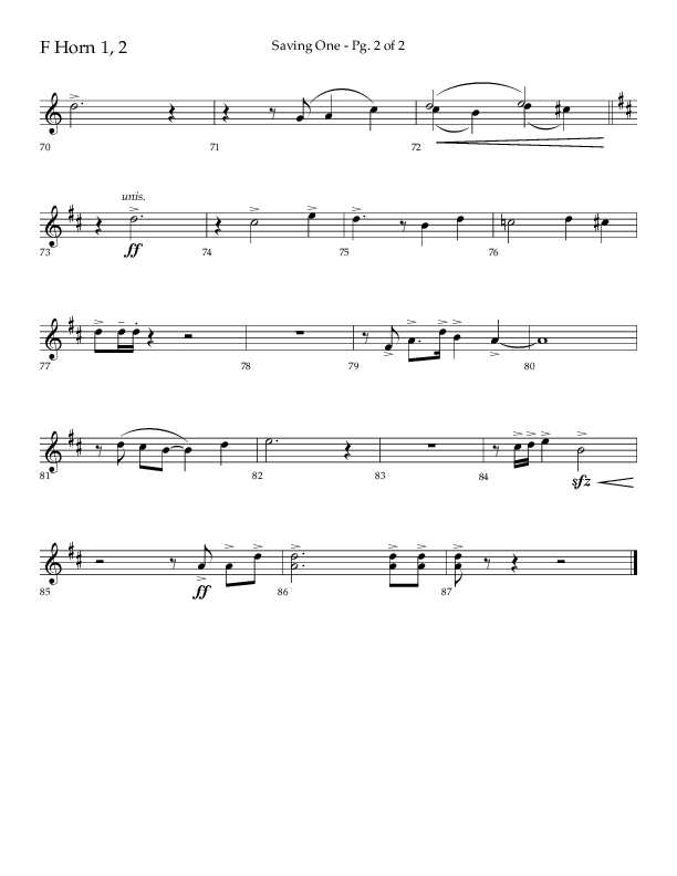 Saving One (Choral Anthem SATB) French Horn 1/2 (Lifeway Choral / Arr. Craig Adams / Arr. Ken Barker / Arr. Danny Zaloudik / Orch. Danny Zaloudik)