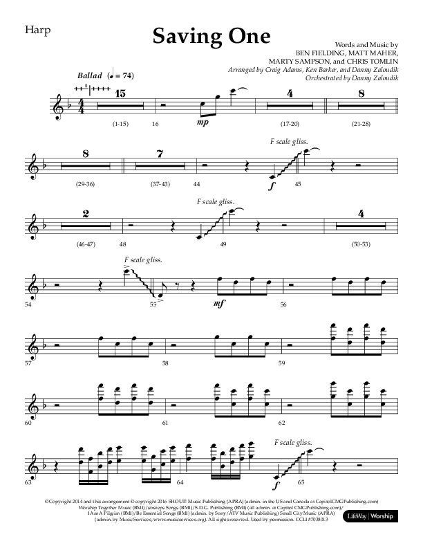 Saving One (Choral Anthem SATB) Harp (Lifeway Choral / Arr. Craig Adams / Arr. Ken Barker / Arr. Danny Zaloudik / Orch. Danny Zaloudik)