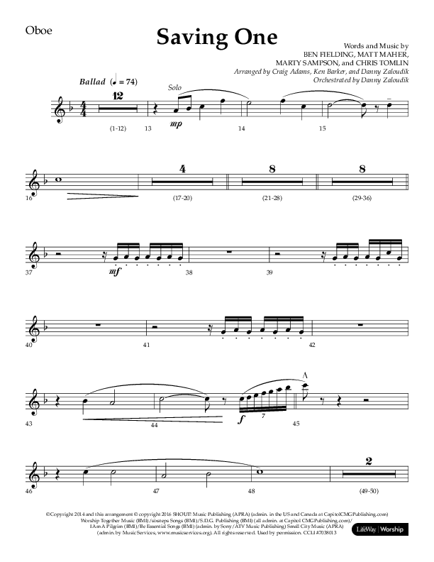 Saving One (Choral Anthem SATB) Oboe (Lifeway Choral / Arr. Craig Adams / Arr. Ken Barker / Arr. Danny Zaloudik / Orch. Danny Zaloudik)
