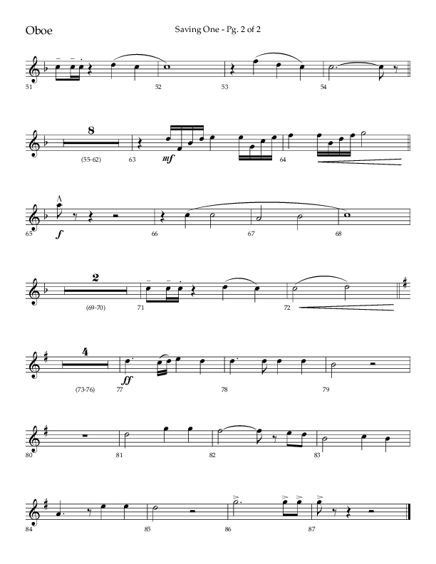 Saving One (Choral Anthem SATB) Oboe (Lifeway Choral / Arr. Craig Adams / Arr. Ken Barker / Arr. Danny Zaloudik / Orch. Danny Zaloudik)