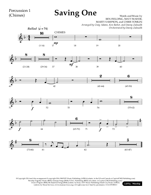 Saving One (Choral Anthem SATB) Percussion 1/2 (Lifeway Choral / Arr. Craig Adams / Arr. Ken Barker / Arr. Danny Zaloudik / Orch. Danny Zaloudik)