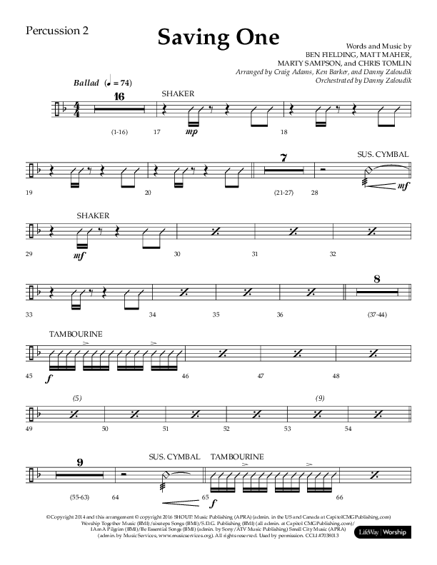 Saving One (Choral Anthem SATB) Percussion 1/2 (Lifeway Choral / Arr. Craig Adams / Arr. Ken Barker / Arr. Danny Zaloudik / Orch. Danny Zaloudik)