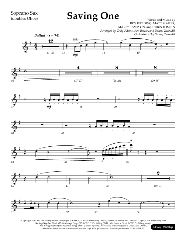 Saving One (Choral Anthem SATB) Soprano Sax (Lifeway Choral / Arr. Craig Adams / Arr. Ken Barker / Arr. Danny Zaloudik / Orch. Danny Zaloudik)