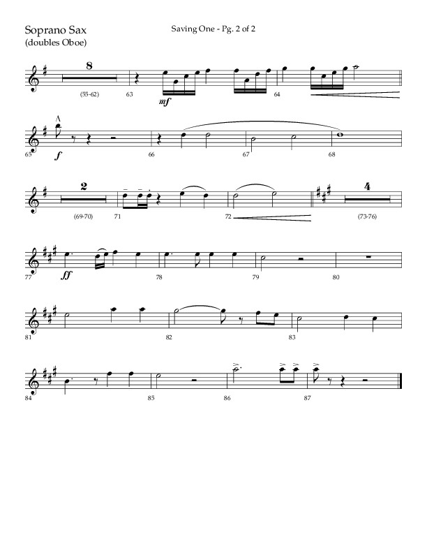 Saving One (Choral Anthem SATB) Soprano Sax (Lifeway Choral / Arr. Craig Adams / Arr. Ken Barker / Arr. Danny Zaloudik / Orch. Danny Zaloudik)