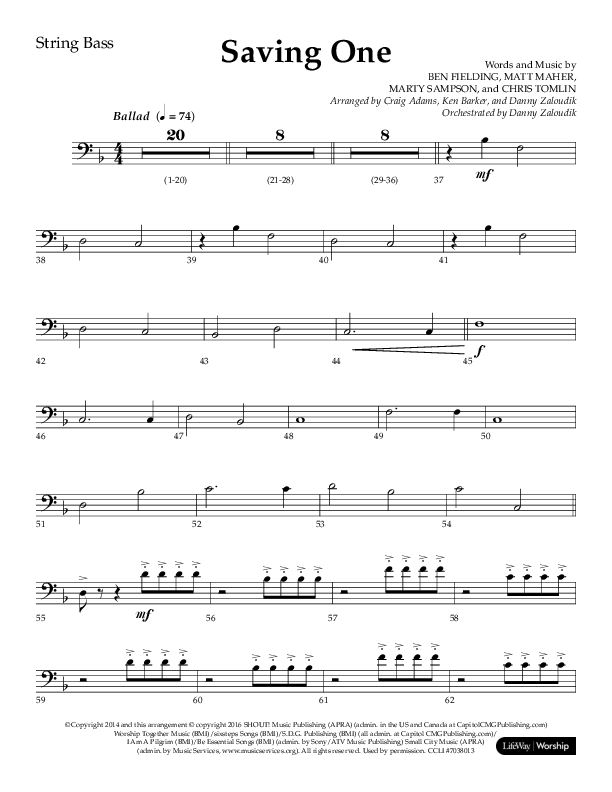 Saving One (Choral Anthem SATB) String Bass (Lifeway Choral / Arr. Craig Adams / Arr. Ken Barker / Arr. Danny Zaloudik / Orch. Danny Zaloudik)