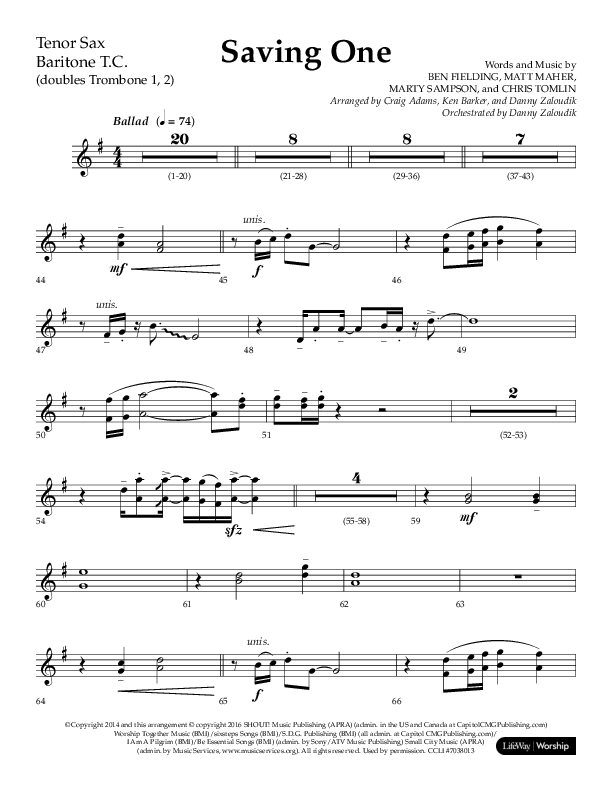 Saving One (Choral Anthem SATB) Tenor Sax/Baritone T.C. (Lifeway Choral / Arr. Craig Adams / Arr. Ken Barker / Arr. Danny Zaloudik / Orch. Danny Zaloudik)