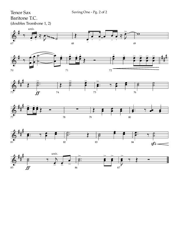 Saving One (Choral Anthem SATB) Tenor Sax/Baritone T.C. (Lifeway Choral / Arr. Craig Adams / Arr. Ken Barker / Arr. Danny Zaloudik / Orch. Danny Zaloudik)