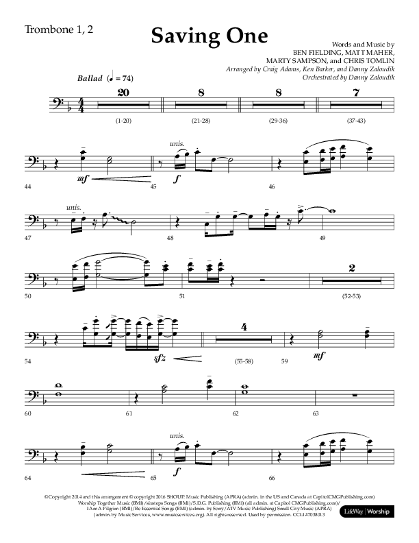 Saving One (Choral Anthem SATB) Trombone 1/2 (Lifeway Choral / Arr. Craig Adams / Arr. Ken Barker / Arr. Danny Zaloudik / Orch. Danny Zaloudik)