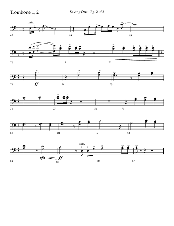 Saving One (Choral Anthem SATB) Trombone 1/2 (Lifeway Choral / Arr. Craig Adams / Arr. Ken Barker / Arr. Danny Zaloudik / Orch. Danny Zaloudik)